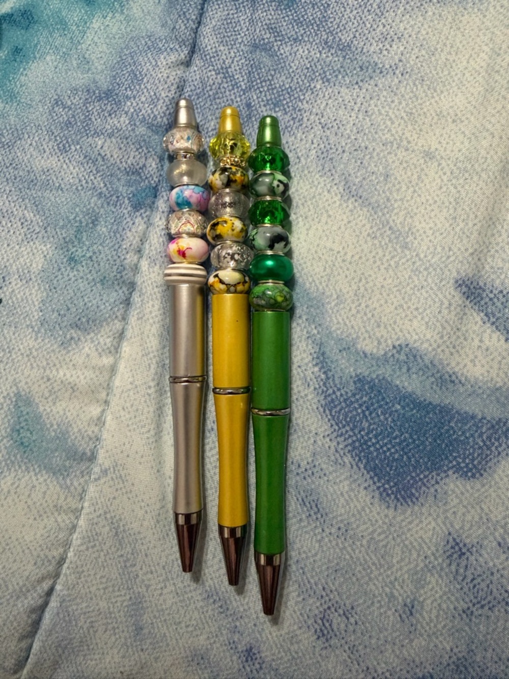 Handcrafted Glass-Bead Ballpoint Pen Set - Green, Gold, Silver